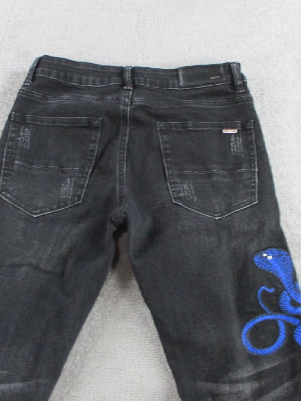Mens Skinny Cobra Snake Jeans Size 28 Black Denim Distressed Embroidered Stretch - Picture 5 of 15